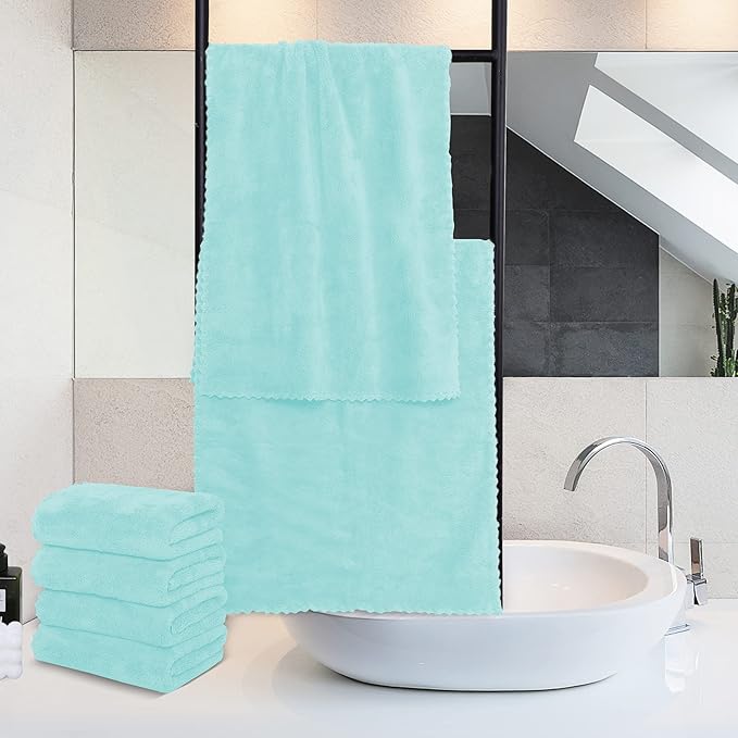 MOONQUEEN 6 Pack Premium Hand Towels - Quick Drying - Microfiber Coral Velvet Highly Absorbent Towels - Multipurpose Use as Hotel, Bathroom, Shower, Spa, Hand Towel 16 x 28 inches (Frozen Blue)