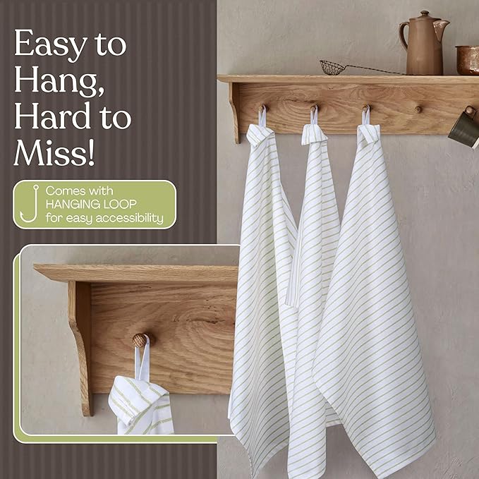 Lemon Green Stripe Kitchen Towels (3 Pack), 100% Cotton, Classic Striped, Super Absorbent & Durable Dish Cloths, Quick Dry Towel Set for Drying Dishes, Everyday Kitchen Cleaning