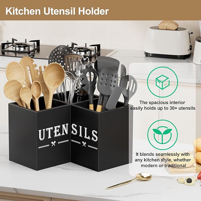 ZUJJAFY Utensil Holder for Kitchen Counter, Corner Kitchen Utensil Holder for Countertop with 3 Compartments, Wooden Cooking Utensil Organizer for Spatula Storage, Black