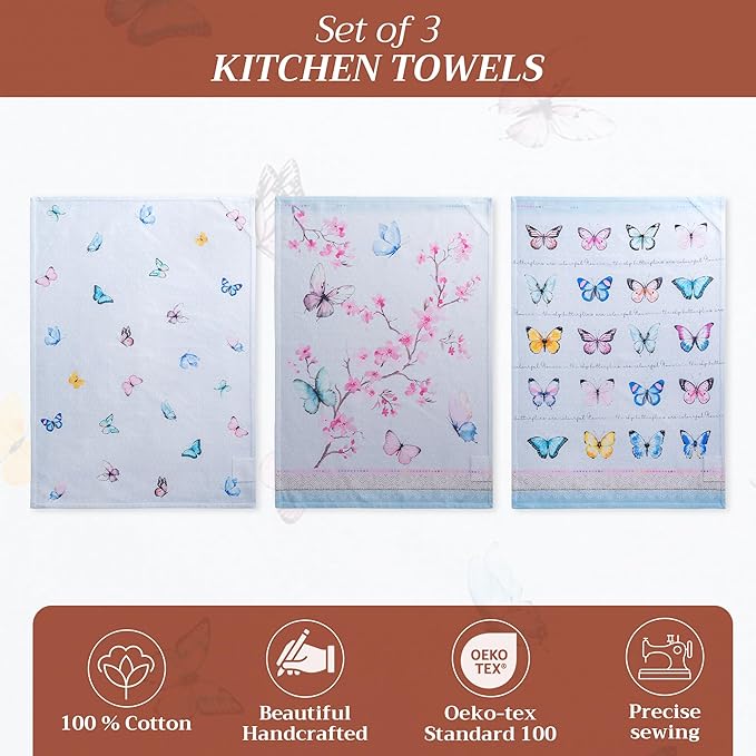 Maison d' Hermine Kitchen Towels Set of 3 100% Cotton 27.50" x 20" Reusable Cloth Tea Dish Towels Absorbent with Hanging Loop for Kitchen Gifts for Mothers Day Spring/Summer (Blossoms in Spring)