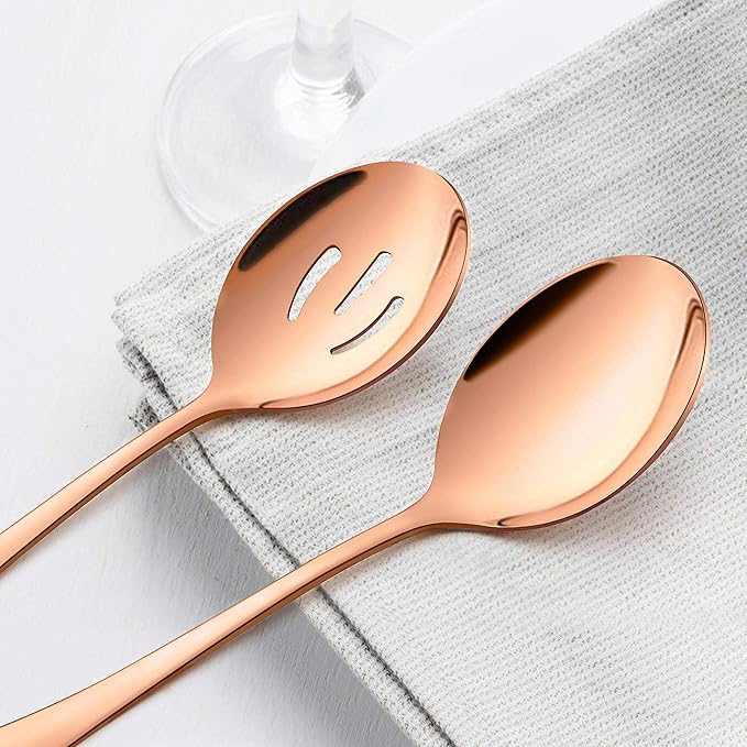 LIANYU 6-Piece Large Copper Serving Spoons, Stainless Steel Copper Slotted Spoons, Rose Gold Serving Utensils for Party Buffet Restaurant Banquet Dinner Catering, Dishwasher Safe, 9.8Inch