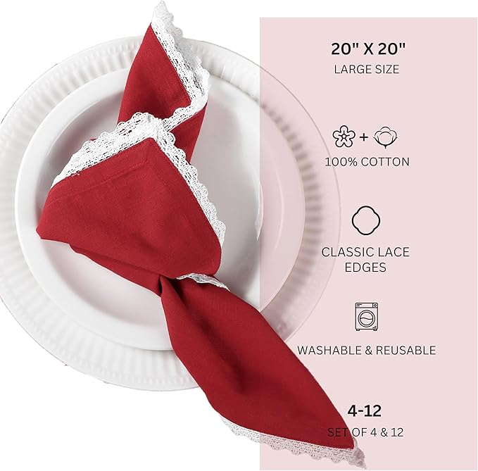 FINGERCRAFT Dinner Cloth Napkin Cotton Blend 12 Pack Vintage Rustic Premium Quality Mitered Corners Napkin Cloth with Elegant Lace for Everyday Use, Pre Shrunk and Good Absorbency 20x20 in Tango Red