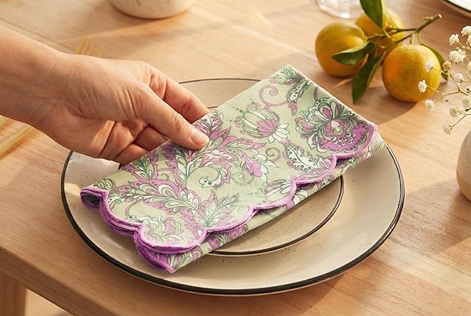 PurpleEssences Scalloped Embroidery Kalamkari Cloth Napkins - Spring Easter Summer - Table Decor - 100% Cotton - Set of 4-18x18 inch - Sage Green Edges - Blush Pink