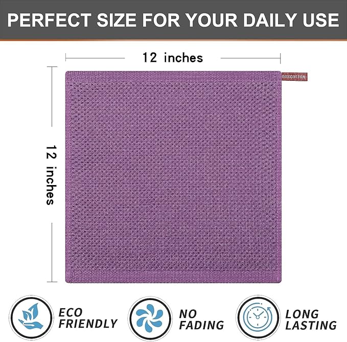 Kitinjoy 100% Cotton Kitchen Dish Cloths (12 X 12 Inches, Violet), 8 Pack Waffle Weave Ultra Soft Absorbent Dish Towels for Drying Dishes Quick Drying Kitchen Towels Dish Rags