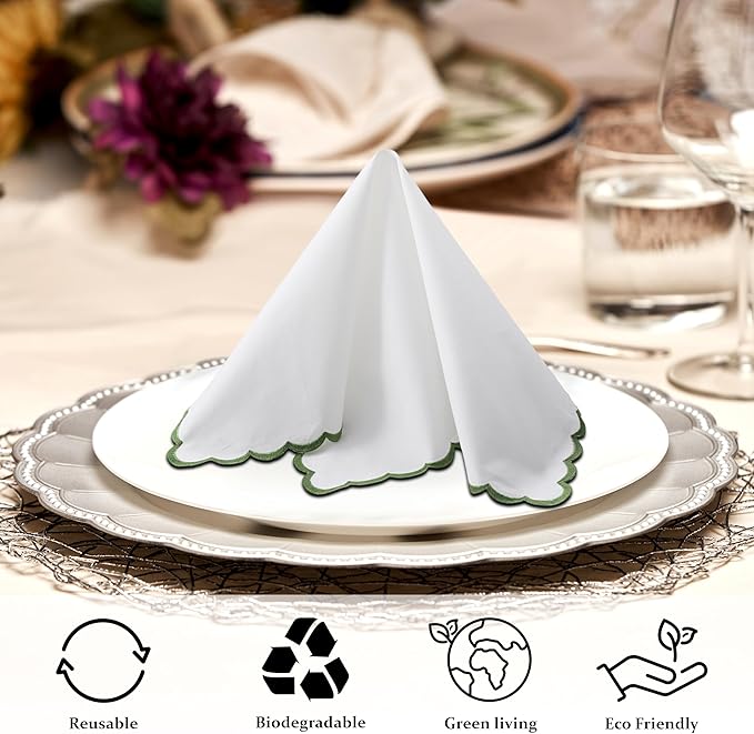 Ridhi Cloth Napkins 100% Pure Cotton Farmhouse Wedding Dinner Napkins Gift for Spring, Easter, Valentine, Holiday, Everyday Napkin (4-18" x 18" White with Sage Green Edge)