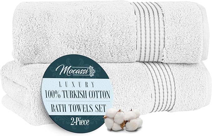 Mocassi Luxury 100% Turkish Cotton 2-Pack Bath Towel Set- Ultra Soft, Quick Dry Highly Absorbent 27 x 54 inch Premium Spa Hotel Quality 2PC Bath Towels - Luxurious Soft Bathroom Towels, White/Gray
