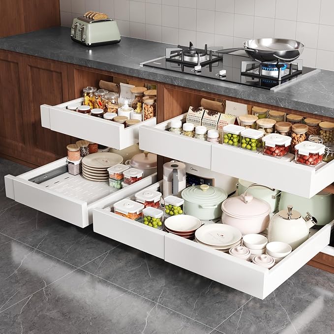 Seinloes 2 Pack Pull Out Cabinet Organizer Expandable Width(15"-25") and Depth(17"-24"),Slide Out Drawers With Raising Pad for Framed Cabinets,No Drill Roll Out Shelves for kitchen,Bathroom,White