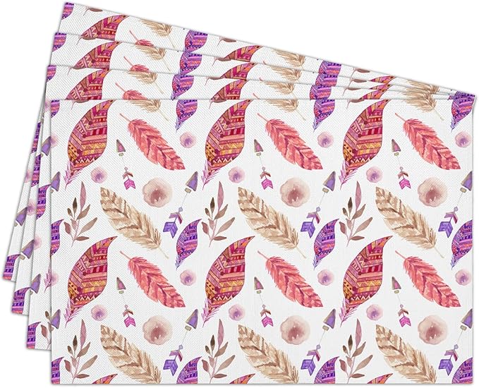 Cotton Linen Waterproof Placemats Set of 4, Feathers Leaves Dining Mat Table Mats Decor Fabric for Kitchen Dinner Coffee Shop Table, Indoor/Outdoor Washable Wipeable Placemat -N024