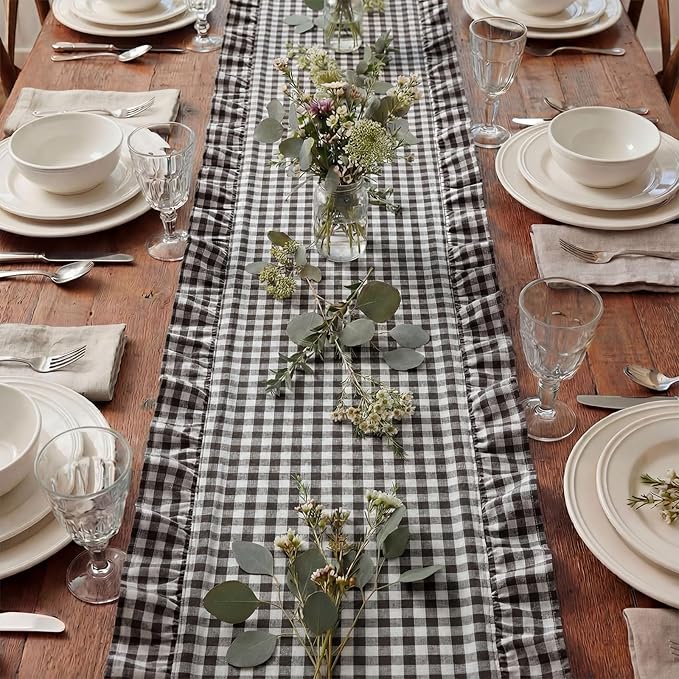 HunnmingRe 1 Pcs Dark Brown Plaid Gingham Ruffle Table Runner 118 x 13.8'' Farmhouse Table Runner 100% Cotton Scalloped Long Dresser Scarves for Dining Room, Wedding, Kitchen Rustic Home Decor