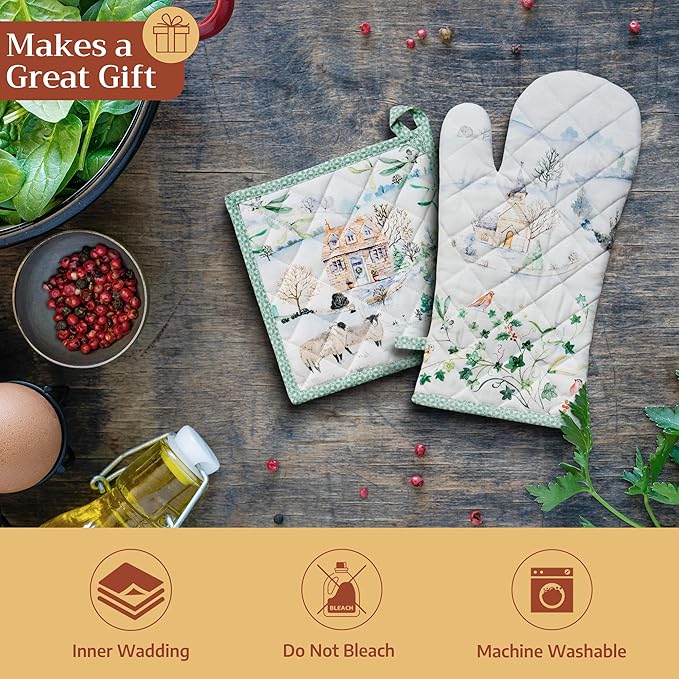 Maison d' Hermine Pot Holders Set 100% Cotton Heat Resistant Potholders 8" x 8" Hot Pads with Loop for Thanksgiving Christmas Decorations BBQ Cooking Baking Handling Hot Pans (Pack of 2, Snowy World)