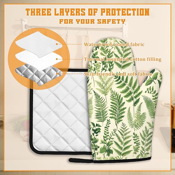 Fern Herbs Oven Mitts and Pot Holders Set,Botanical Floral Leaf Kitchen Decor Heat Resistant Non Slip Hot Pads and Oven Mitt for Chef Cooking Baking BBQ Mom Girl Gifts(4 Piece Set)