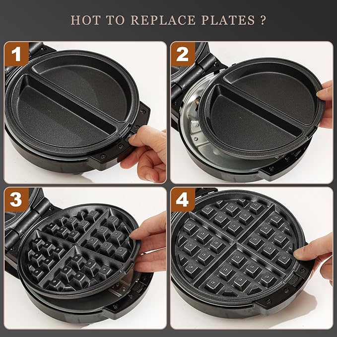 Mini Waffles Maker with 6 Removable Plates, 3 in 1 Small Waffle Maker Mini- Waffle, Pancake, Donut, 6" Non Stick Waffle Iron for Kids and Families, Black