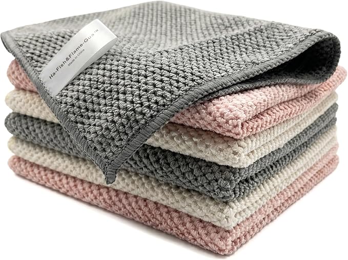 Ha-Fish&Flame-Gua Microfiber Cleaning Cloths 6-Pack, Super Absorbent & Textured Towels for Kitchen, Countertops & Household Cleaning – Practical, Not Plush – 12x16 Inches