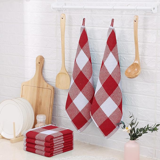 Homaxy 100% Cotton Waffle Weave Check Plaid Dish Cloths, 12 x 12 Inches, Super Soft and Absorbent Dish Towels Quick Drying Dish Rags, 6-Pack, White & Red