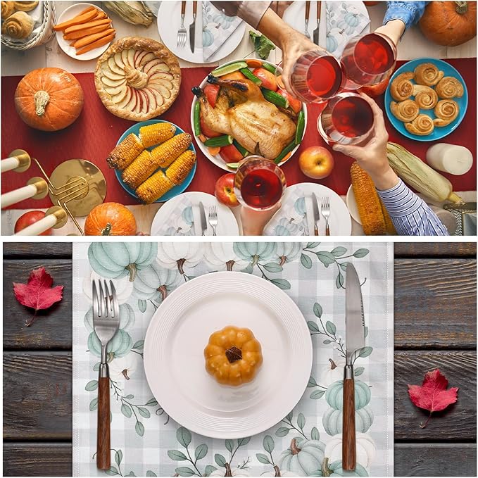 Funnymoom 24 Pcs Thanksgiving Blue White Pumpkin Cloth Napkins Pumpkin Eucalyptus Leaves Reusable Napkins 2 Styles Dinner Soft Absorbent Cloth for Fall Autumn Thanksgiving Party Favors