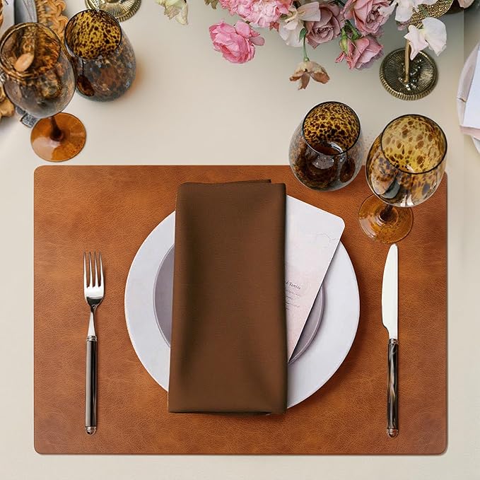 Roxifina Vinyl Placemats Set of 4 - Faux Leather Waterproof Washable PU Place Mats, Heat Resistant 12 x 17 Inch Easy Clean Wipeable Non-Slip Table Mats for Dining, Kitchen, Outdoor (Reddish Brown)