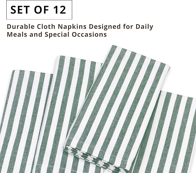 PurpleEssences Plain Striped Cloth Napkins - Set of 12-100% Cotton - 18 x 18 Inch - Spring Easter Summer and Perfect Everyday Use Dinner Napkin - Forest Green and White