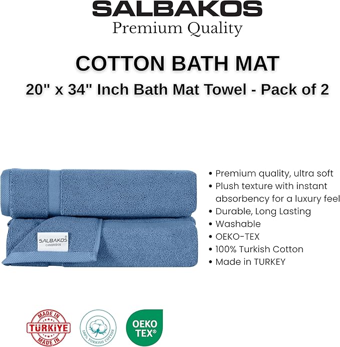 SALBAKOS 100% Turkish Cotton Bath Mat Set 2-Piece - 20x34 inch, Hotel & Spa Collection, Soft, Absorbent, Long Lasting, Durable Bathroom Rugs | Made in Turkey (Blue, 2 Bath Mats)