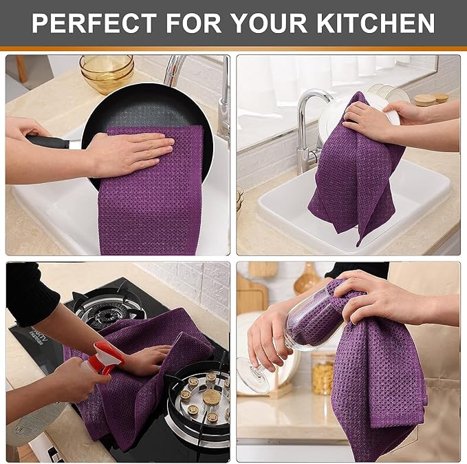 Kitinjoy 100% Cotton Waffle Weave Kitchen Hand Towels (13 X 28 Inches, Violet), 6-Pack Super Soft and Absorbent Dish Towel for Drying Dishes