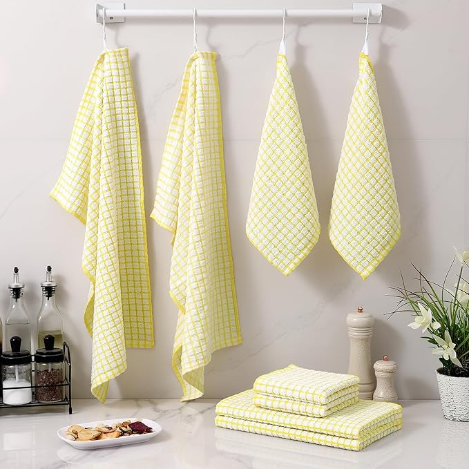 Homaxy Kitchen Towels and Dishcloths Set, 16 x 25 and 12 x 12 Inches, Set of 8 Cotton Terry Kitchen Dish Towels, Super Soft and Absorbent Dish Cloths, Yellow
