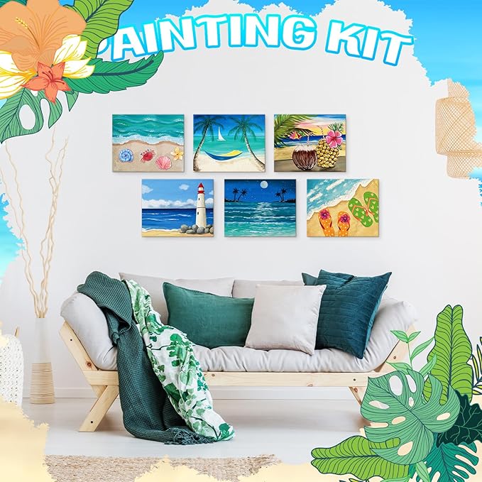 Motipuns 12 Set Pre Drawn Canvas for Painting for Adults Sip and Paint Kit with Easels 8 x 10 Inches Paint Party Kit with Printed Canvas Paints Brushes Palette Bag Apron(Beach)