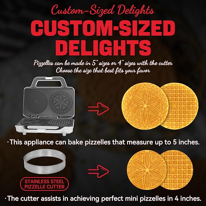 SugarWhisk Pizzelle Maker Electric, Non-stick Stroopwafel Iron, 2 X 5" Cookie Machine for Christmas, 4" Mold Included, White