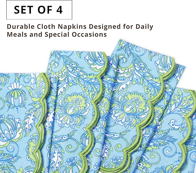 PurpleEssences Scalloped Embroidery Kalamkari Cloth Napkins - Spring Easter Summer - Table Decor - 100% Cotton - Set of 4-18x18 inch - Light Blue Edges - Sage Green