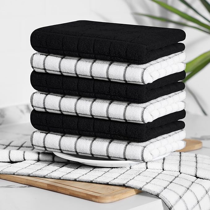 Homaxy Premium Cotton Kitchen Towels 16"x 28", Large Natural Ring Spun 390 GSM Dish Towels, Super Absorbent Terry Kitchen Hand Towels, Soft Tea Towels with Hanging Loop, Black Check Design, 12 Pack