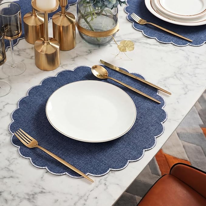 Set of 12 Navy Blue Cotton Placemats 15 Inch Round Scalloped Embroidery Placemats Washable Double Layered Rustic Table Mat Fabric Napkins for Wedding Table Decor