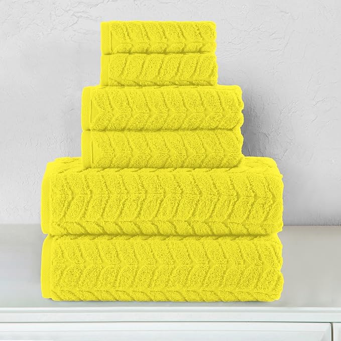 Elegant Comfort Luxury 6-Piece 100% Turkish Cotton Jacquard Braided Textured Premium Hotel Quality Towel Set– Soft and Absorbent, Includes 2 Bath Towels, 2 Hand Towels and 2 Washcloths, Yellow