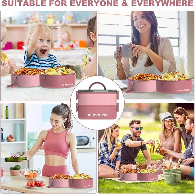 RIKDOKEN Lunch Box, Stackable 2 Layers Containers, Portable 64OZ Large Capacity Leakproof Bento Box with Spoon & Fork & Sauce Boxes, Microwave Safe Lunch Box for Kids and Adults