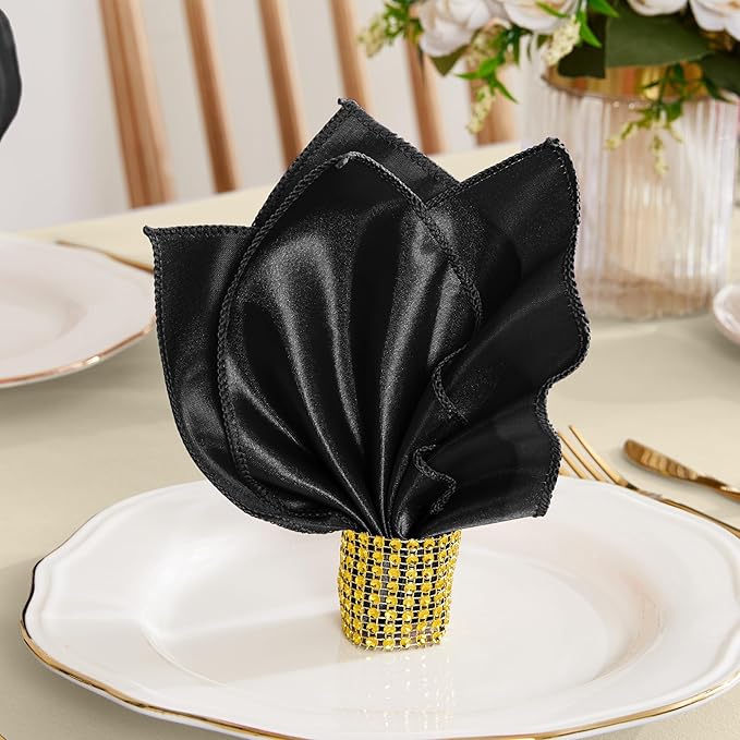 RUDONG M 100 Pcs Black Satin Napkins and Napkin Rings Set, 17 x 17 Inch Square Cloth Napkins Set of 50, Silky Soft Table Napkins Bulk for Weddings, Banquet, Parties Dinner Decoration