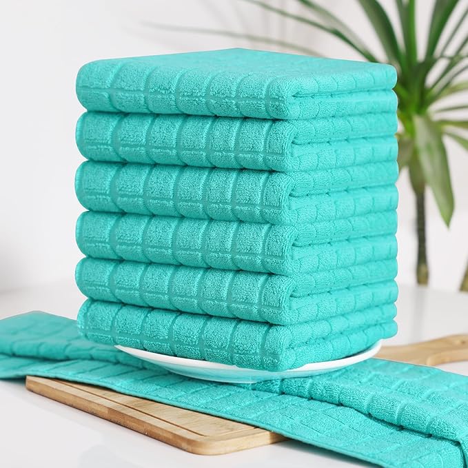 Homaxy Premium Cotton Kitchen Towels 16"x 28", Large Natural Ring Spun 390 GSM Dish Towels, Super Absorbent Terry Kitchen Hand Towels, Soft Tea Towels with Hanging Loop, Pure Aqua Design, 6 Pack