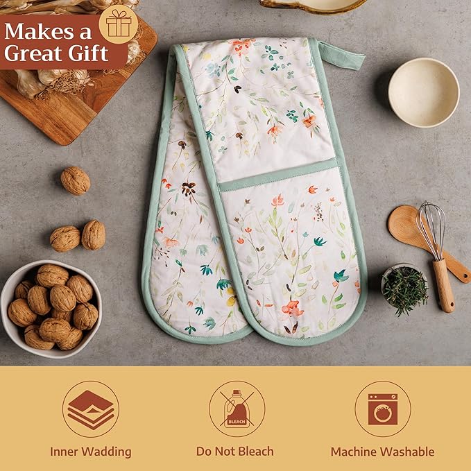 Maison d' Hermine Double Oven Mitts 100% Cotton 7"x35" Double Oven Mitt Heat Resistant BBQ Cooking Gloves with Loop Baking Grilling Gifts for Mothers Day Spring Summer (Colmar)