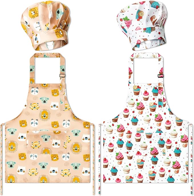 GROBRO7 4Pcs Kids Apron and Chef Hat Set Gift for Girls Boys, Cupcake Animal Prints Adjustable Kitchen Cooking Child Aprons with 2 Pockets Waterproof Smocks for Baking Painting Crafting