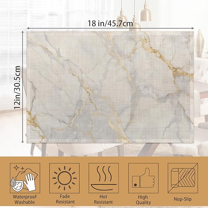 Placemats Set of 6,White Gold Marble Table Mats, Washable Linen Table Mats,Non-Slip Heat Resistant Placemats for Party Kitchen Dining Indoor Outdoor 12"x18"