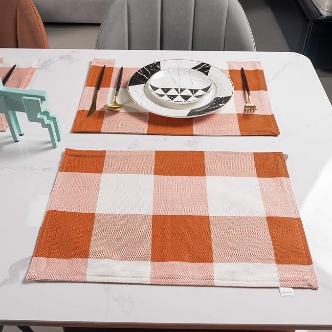 Orange Placemats Set of 4, Linen Buffalo Plaid Double Layer Spring Placemats Check Kitchen Table Mats,Waterproof Heat Resistant Durable Cloth Washable Placemat 13 x 19 Inches