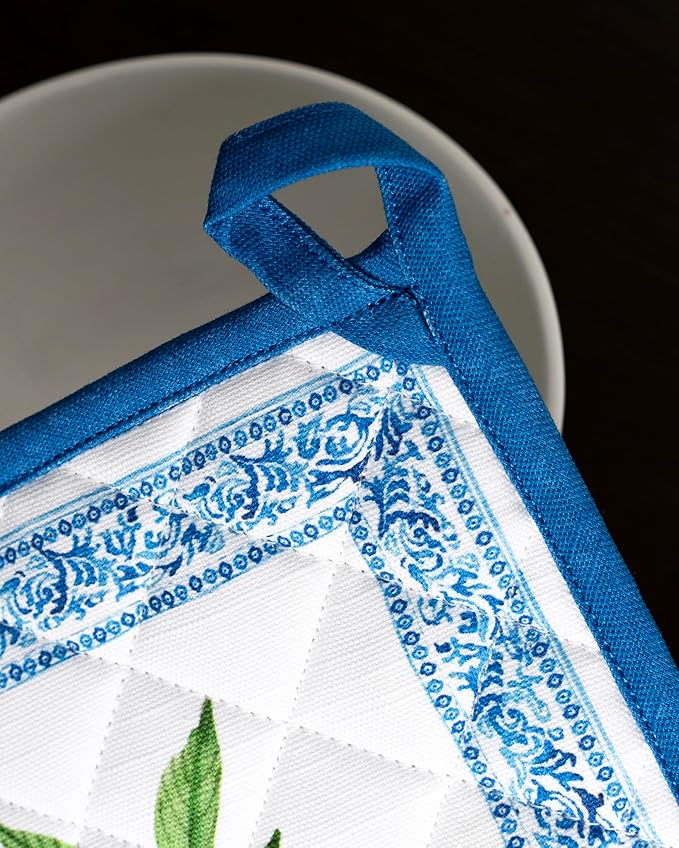 Maison d' Hermine Pot Holders 100% Cotton Heat Resistant Potholders 8" x 8" Hot Pads with Loop BBQ Cooking Baking Gifts for Mothers Day Handling Hot Pans Spring/Summer (Pack of 1, Cedrat)