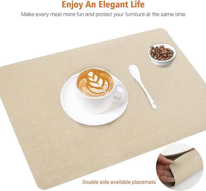 Vinyl Placemats Set of 8 Heat Resistant Easy Clean Non-Slip Place Mats for Dining Table Faux Leather Waterproof Stain Resistant Wipeable Washable PVC Table Mats(8, Beige)