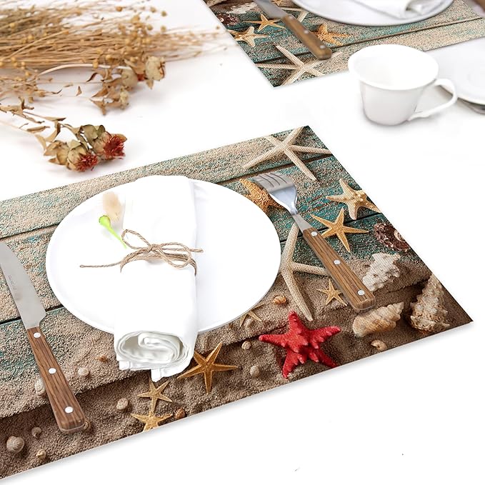 Beach Seashell Starfish Placemats Set of 6,Blue Wooden Heat Resistant Table Mats Washable Place Mats for Party Kitchen Farmhouse Home Dining Holiday Decor 12x18 Inch