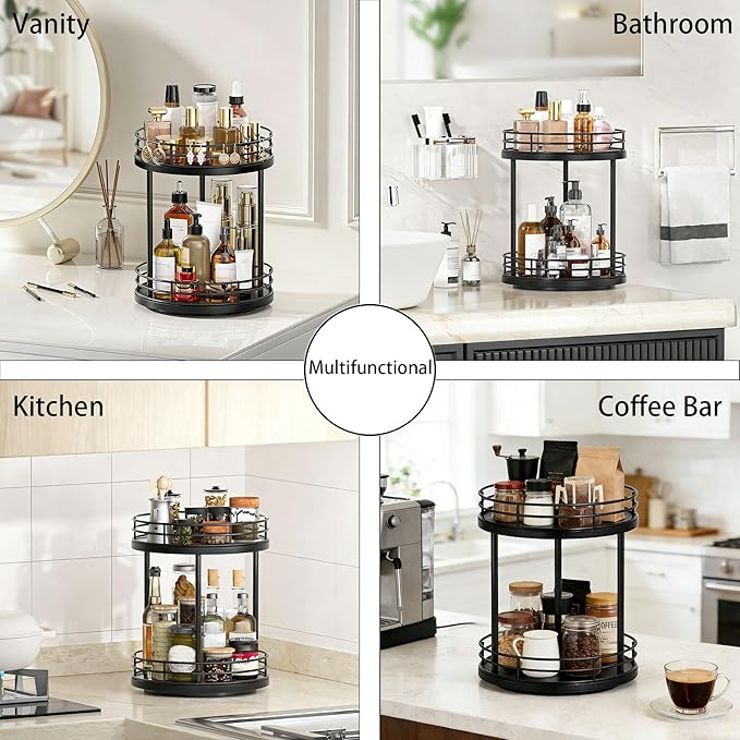 Bathroom Organizer Countertop,2 Tier Rotating Makeup Organizer Countertop for Vanity,Wooden Bathroom Counter Storage Shelf,Lazy Susan Turntable for Perfume,Skincare,Cosmetic (Black)