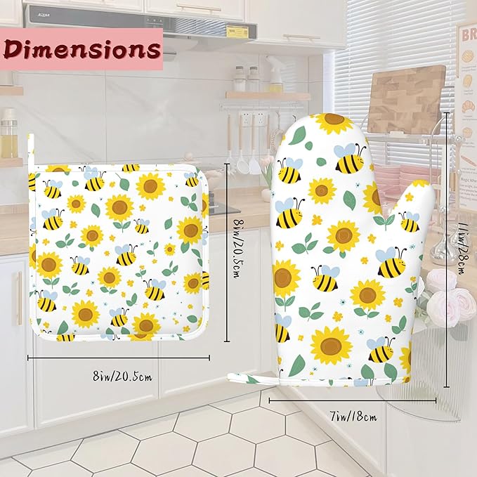 Cute Bee Sunflower Heat-Resistant Silicone Oven Mitts and Pot Holders 4 Piece Set,Extra Long Non-Slip Kitchen Oven Gloves for Cooking, Baking, BBQ,Grilling