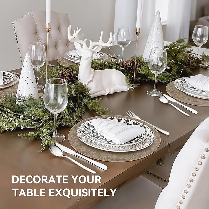 13" Round Placemats Set of 8, Reversible Faux Leather Heat Resistant Table Mats, Waterproof Oilproof Wipeable Table Protective Placemats for Vinyl, Washable for Indoor & Outdoor Use (8, Light Coffee)