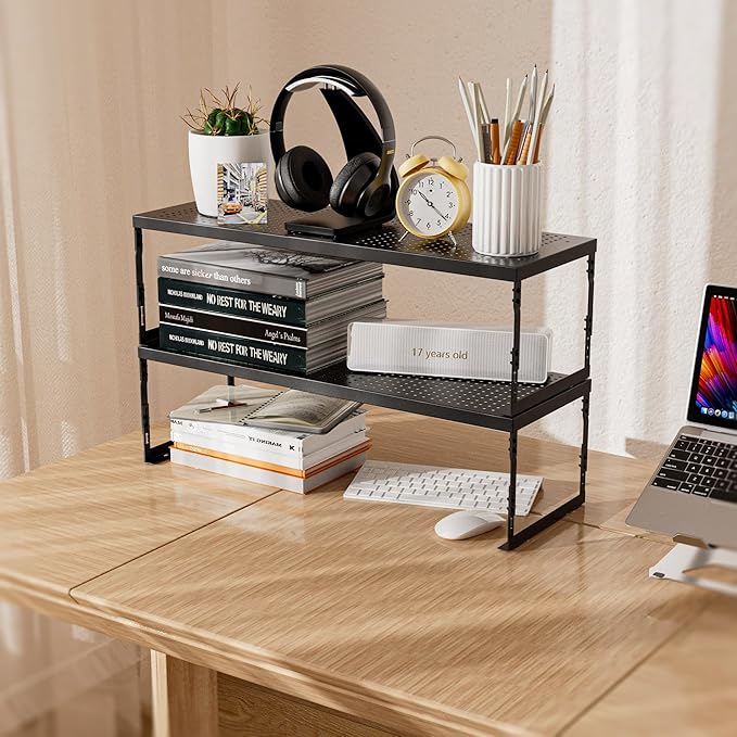 Stackable Expandable Metal Shelf Organizer - Adjustable Wire Storage Rack with Holes for Kitchen, Bathroom, Cabinet, Office - Space Saving, Durable & Sturdy Design（3PACKS/Medium/Black