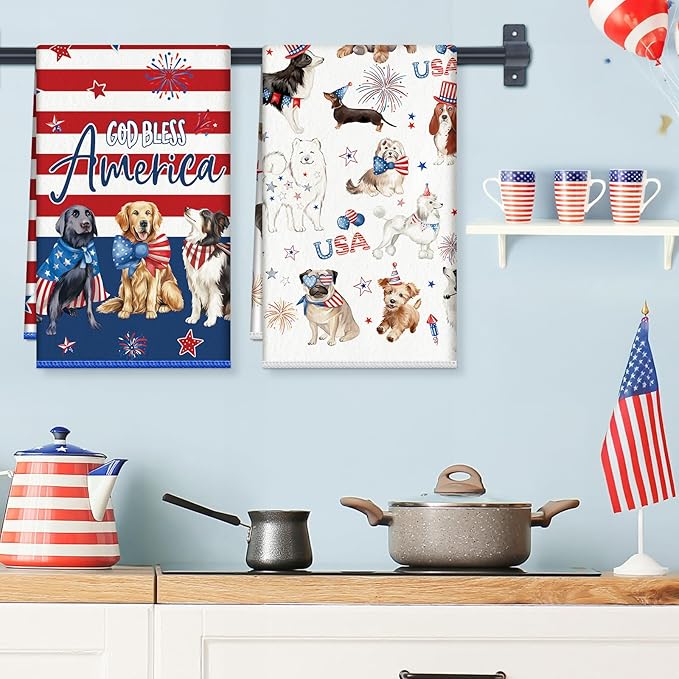 4th of July Patriotic Dog Microfiber Kitchen Towels, Soft Absorbent Independence Day Hand Towel 15.7 × 23.6 inch, Thick Dish Cloth for Party Anniversary Holiday Decoration Housewarming Gifts