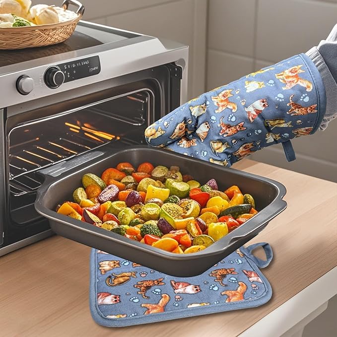 Oven Mitts Gloves 1 Pair Heat Resistant 480 ℉ Non Slip Clear Silicone Printed Cat Comfortable Cotton Lining Kitchen Men Cooking Barbecue Machine Washable (Cat, Grey Mitts)