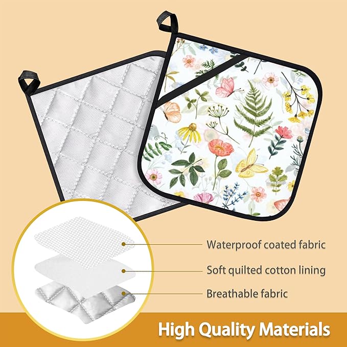 Wildflowers Butterfly Herbs Pot Holder Set of 2,Heat Resistant Potholders Oven Hot Pads for Kitchen Cooking Baking BBQ