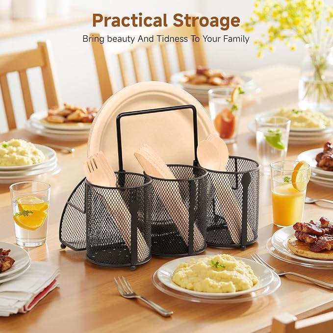 Metal Utensil Caddy Silverware Holder, Paper Plate Holder Cutlery Container,Plate Organizer Flatware Storage Basket Party Camping Picnic Buffet RV BBQ Farmhouse Kitchen Countertop