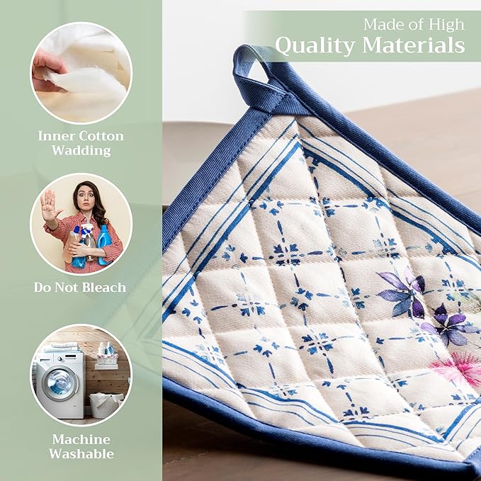 Maison d' Hermine Pot Holders 100% Cotton Heat Resistant Potholders 8" x 8" Hot Pads with Loop BBQ Cooking Baking Gifts for Mothers Day Handling Hot Pans Spring/Summer (Pack of 1, Faience)