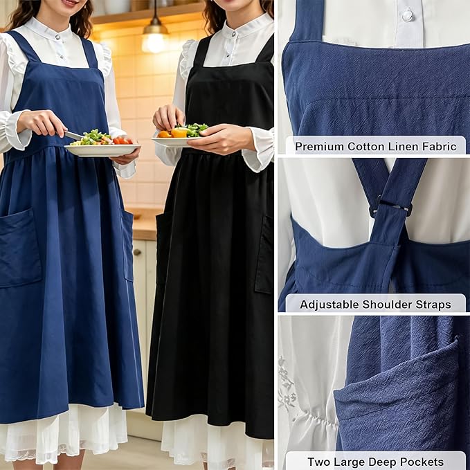 Uaussi Cotton Linen Apron Cross Back Work Apron for Women with Pockets Pinafore Dress X Cross Halter Apron for Chef Gardening